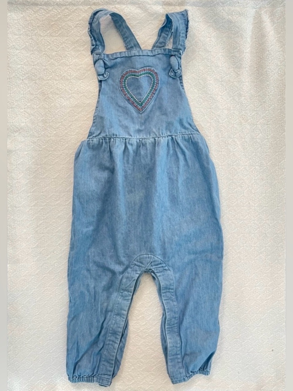 Baby Boden Chambray Knot Overalls with Embroidered Rainbow Heart